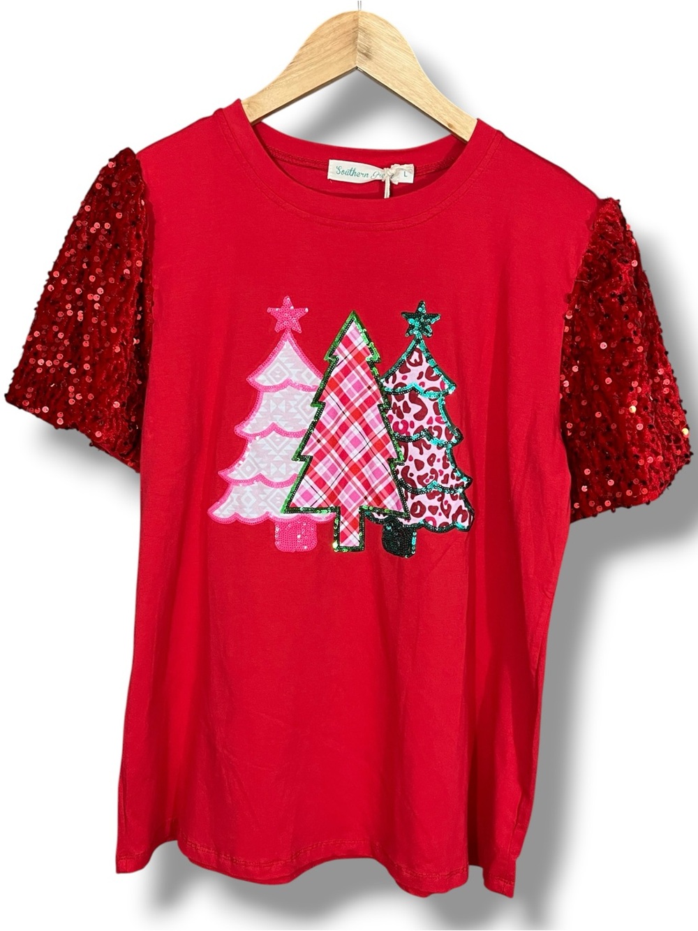 Southern Grace Cute & Fun Christmas Tree T-shirt Sequin Decor Size Large